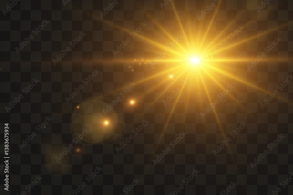 Poster yellow star flashed with sparkles sun isolated on white background. soft glow without departing rays