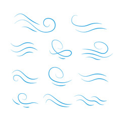 Wind weather and environment, nature icon set. Natural movement of the air symbols. Vector line art illustration isolated on white background.