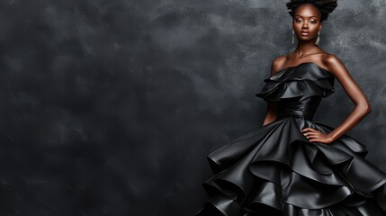 Obraz premium Elegant Fashion Portrait: A sophisticated figure is captured in a striking black gown, posing with poise against a textured backdrop that enhances the dramatic aesthetic.