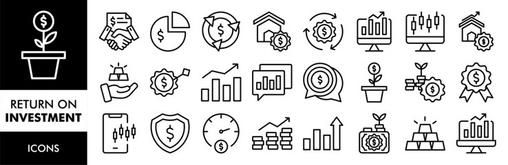 Return on investment icon set vector concept illustration. Containing icon of Pie chart, Circular economy, Real estate,Return on investment, Monitor, Trading, 