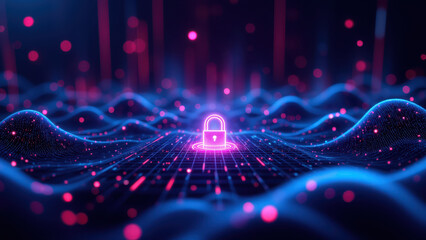 A futuristic digital wave with a lock icon at its center, symbolizing cybersecurity.