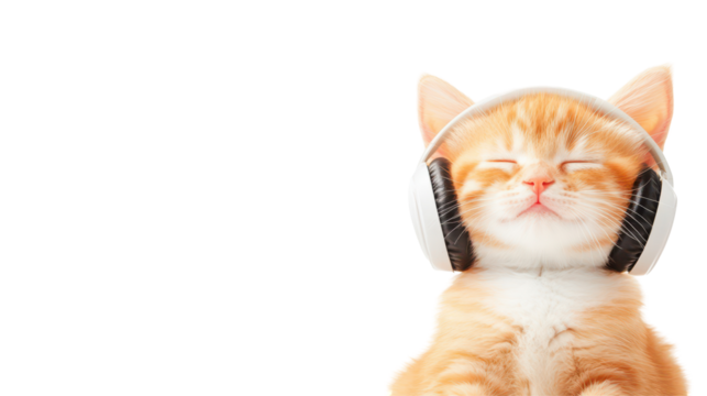 Melody of a Kitten: a ginger kitten wearing a headset, closes its eyes and seemingly enjoys music. capturing the pure joy and triumph