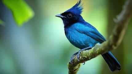 Naklejka premium Black-naped Monarch Bird Perched on Branch with Green Moss in Nature