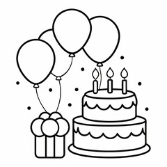 Birthday Cake and Balloons Outline Coloring Book Page