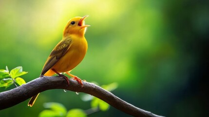 Singing Yellow Warbler Perched on Branch in Lush Green Forest