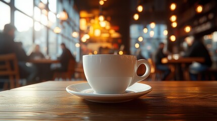 Obraz premium White Coffee Cup on Wooden Table in Busy Coffee Shop with Warm Lighting