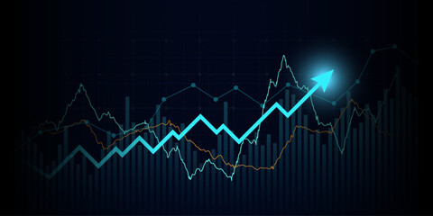 Abstract financial graph with uptrend line arrow and bar chart of stock market on blue color background