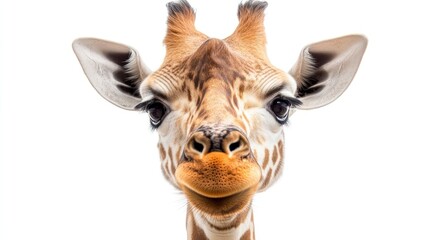 Fototapeta premium Close Up Giraffe Face Portrait Looking at Camera Isolated on White