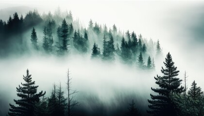 Mist shrouds fir trees on mountainside. Forest background with ethereal, foggy atmosphere