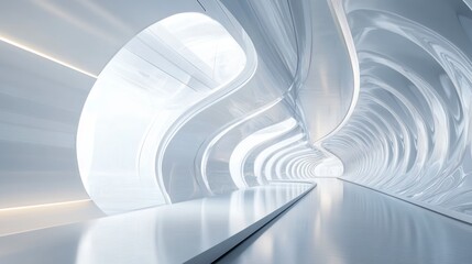 Walking Through Futuristic White Hallway with Curving Walls and Bright Light