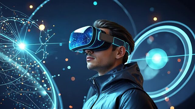 Man Wearing VR Headset with Futuristic Digital Interface and Glowing Holographic Elements in Dark Setting for Virtual Reality Technology Scene