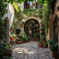 Fototapeta premium Sunlit Courtyard Garden with Brick Patio Lush Greenery and Archway Entrance