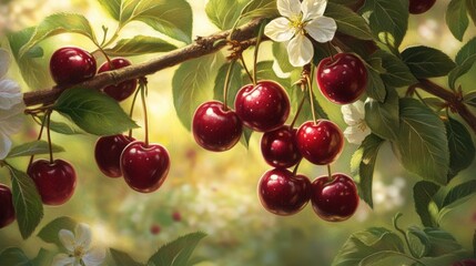Obraz premium Ripe cherries on branch, orchard blossom, sunlight