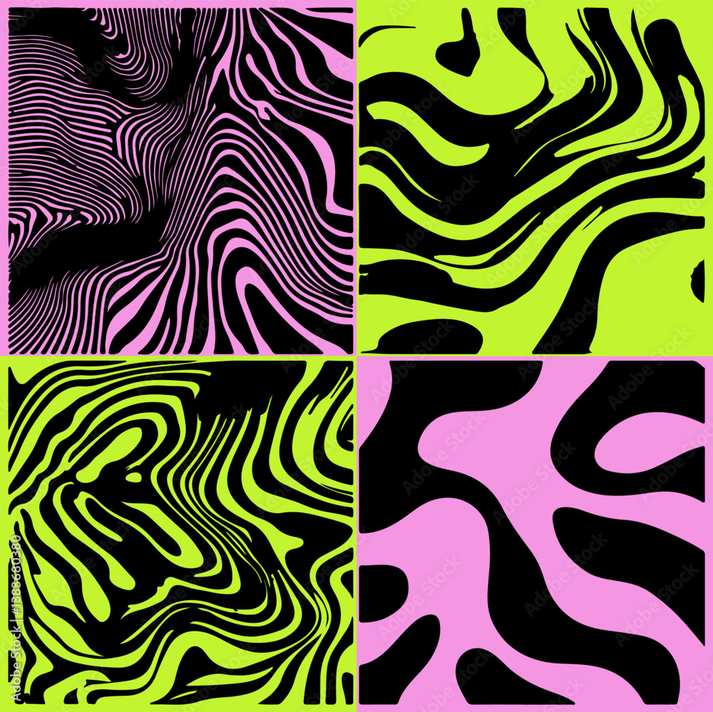 Poster Abstract vector with wavy black lines on bright pink and green backgrounds. The design mimics zebra stripes with a psychedelic touch, creating a bold and dynamic visual.