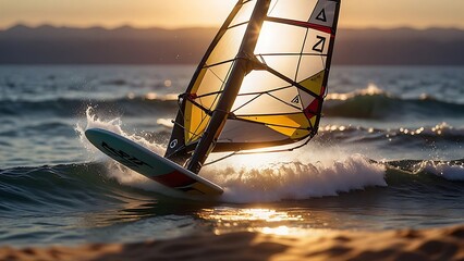 Sunset Windsurfing: Waves, Sail, and Golden Hour