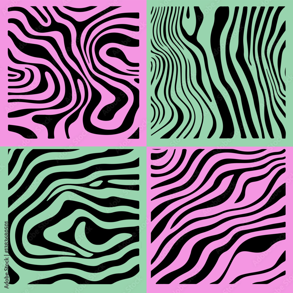Poster abstract vector with wavy black lines on bright pink and mint green backgrounds, resembling zebra st