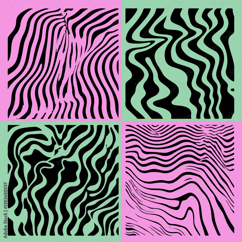 Aufkleber abstract vector with wavy black lines on bright pink and mint green backgrounds, resembling zebra st