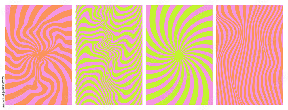 Poster Vibrant abstract patterns with wavy lines in bold colors create optical illusions. Each panel has unique color combos: orange, green, and yellow swirl into dynamic, fluid designs.