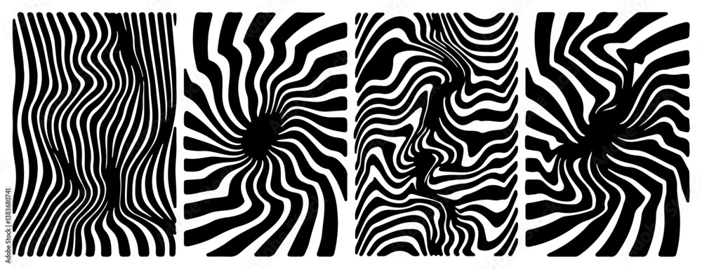 Aufkleber Abstract black and white patterns with dynamic, wavy zebra-like texture in four square segments, offering a bold and striking visual contrast for artistic and design purposes.