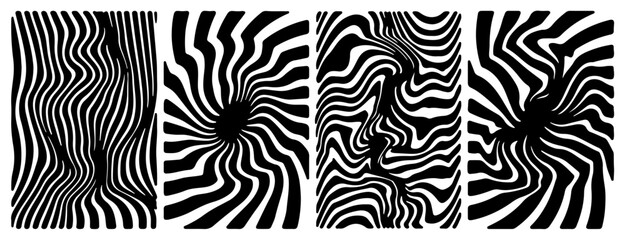 Abstract black and white patterns with dynamic, wavy zebra-like texture in four square segments, offering a bold and striking visual contrast for artistic and design purposes.