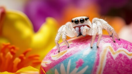 Charming close up of a white jumping spider on a colorful easter egg showcasing decorative details