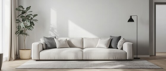 Modern living room with plush sofa and stylish decor elements.