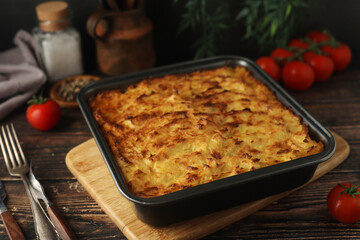 A shepherd's pie, freshly backed and ready to be served. Traditional English dish