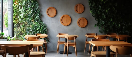 Stylish cafe interior with wooden furniture and greenery accents.