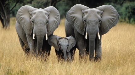 Fototapeta premium Elephant Family Walking in the Tall Grass of the African Savannah