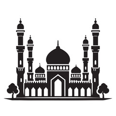 Rural Masjid silhouette, reflecting countryside charm and tranquility – Masjid illustration – Masjid vector – Village mosque silhouette

