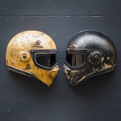 Two vintage helmets, one black and one gold, showcasing wear.