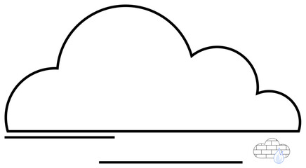 Large cloud outline with minimalist lines, rainwater droplet, and small brick detail blending nature and structure. Ideal for weather, sustainability, architecture, creativity, simplicity, eco