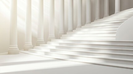 Grand, spiraling staircase in a sunlit, classical white colonnaded hall