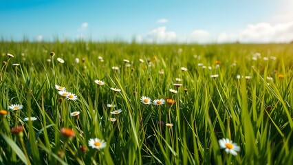 A vibrant field of blooming flowers and lush grass under a bright, sunny sky.  