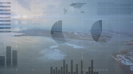 Animation of data visualization with graphs overlaying snowy landscape aerial view - Powered by Adobe