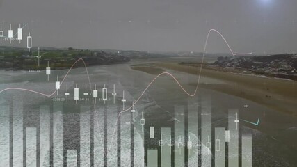 Animation of financial data graphs overlaying coastal landscape with waves and beach - Powered by Adobe