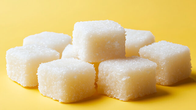 A small pile of white sugar cubes textured and slightly glistening is set against a bright yellow background.
