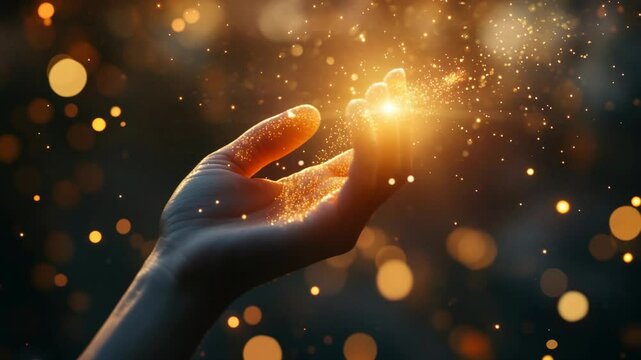  Outstretched hand reaching toward glowing golden light particles in magical atmosphere with warm bokeh sparkles