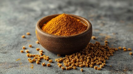 Ground turmeric powder in a bowl with fenugreek seeds on a gray background.