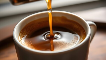 Pouring hot coffee into a cup, capturing the rich aroma and warmth of the beverage.  