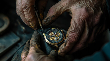 A man is wearing a watch and is adjusting it. The watch is black and gold