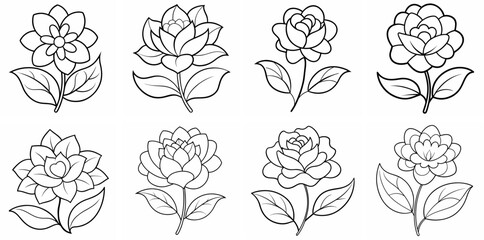 Children's Floral Outline Coloring Book Page Line Art Drawing Set White Background