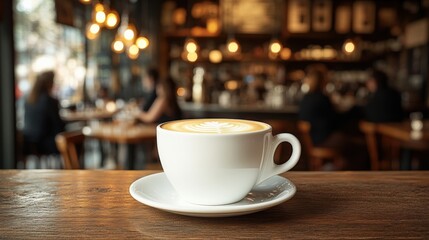 Fototapeta premium Artisan Coffee in a Cozy Café Setting with Latte Art and Warm Ambiance