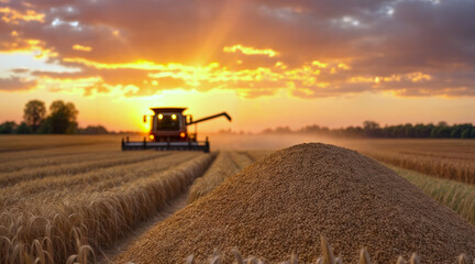 Naklejka premium Sunset Soybean Harvest with Combine Harvester and Golden Field.