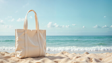 Minimalist Fabric Tote Bag on Sunny Beach with Ocean Horizon.