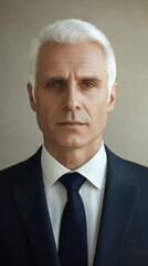 Professional businessman with white hair wearing dark suit and tie against neutral background, elegant corporate portrait for executive profile and business marketing
