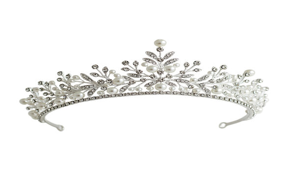 Fototapeta Silver tiara with pearls and rhinestones, isolated on a transparent background, png image, symbolizes royalty, elegance, and bridal fashion