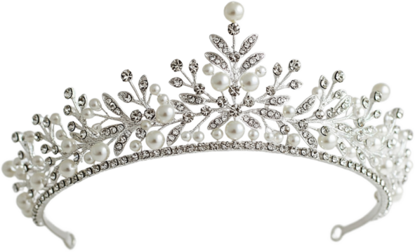 Silver tiara with pearls and rhinestones, isolated on a transparent background, png image, symbolizes royalty, elegance, and bridal fashion