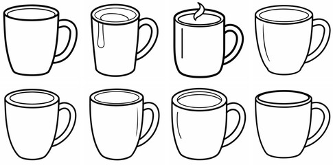Coffee Mug Outline Coloring Book Page Line Art Drawing Set White Background