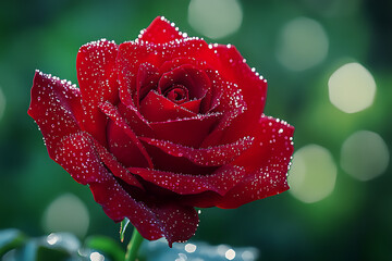 A beautiful red rose flower with water dew drops, a perfect gift of nature's love